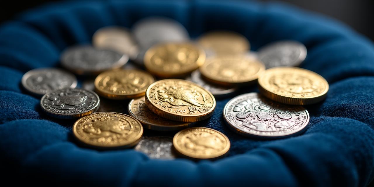 Un assortimento di monete antiche in oro e argento su un panno di velluto scuro